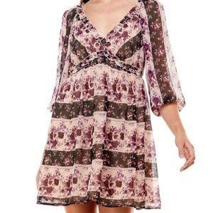 CRYSTAL DOLLS Womens Beige Lined Tie Closure 3/4 Sleeve A-Line Dress XS